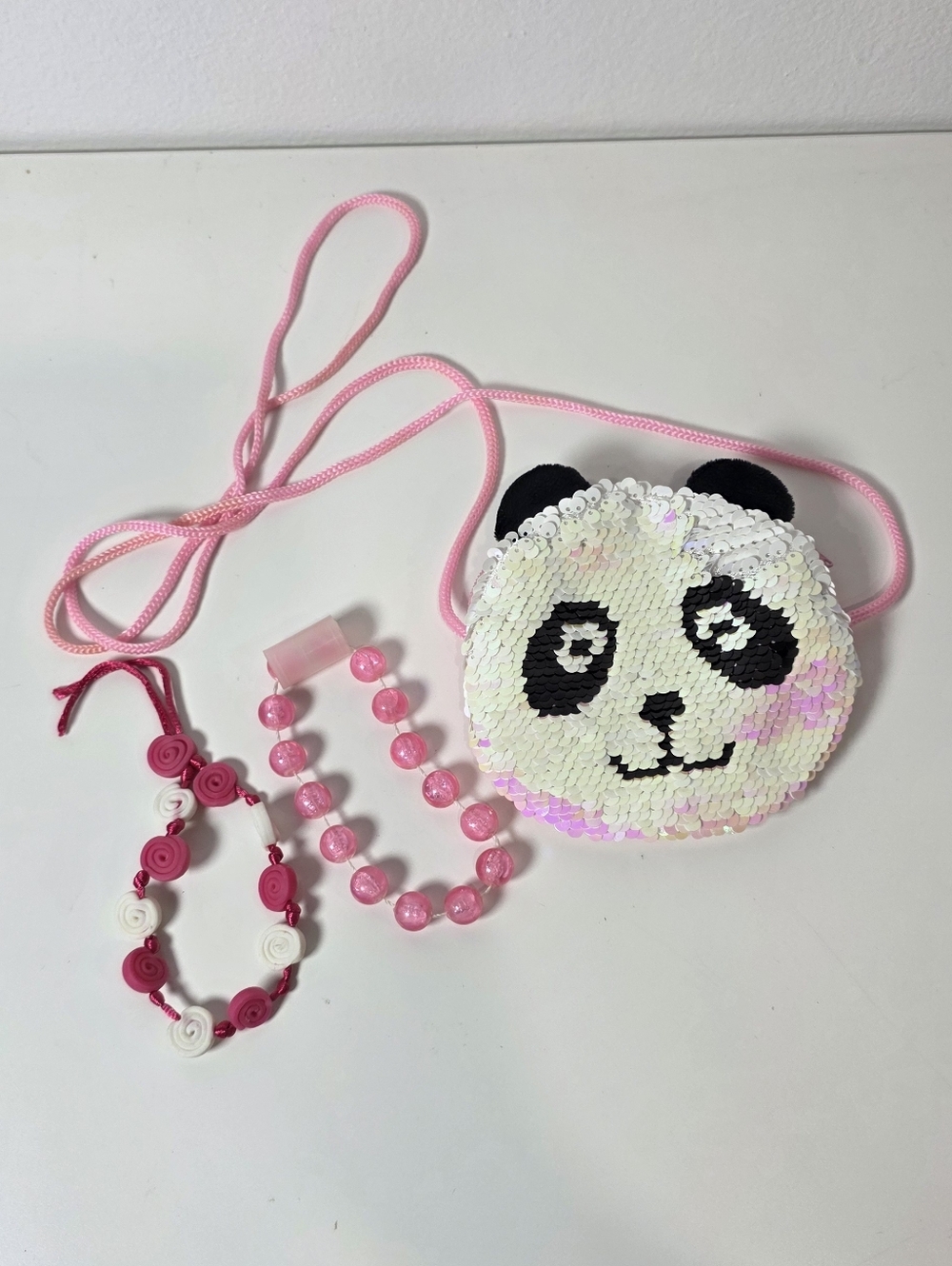 Kids Pink Sequin Panda Crossbody Bag with Braclets